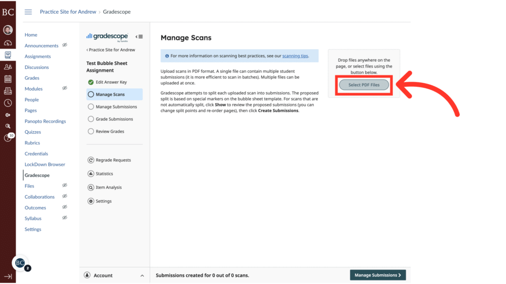 Screenshot of a webpage with "Manage Scans" highlighted. The page includes navigation options on the left and a red arrow pointing to "Select PDF File".