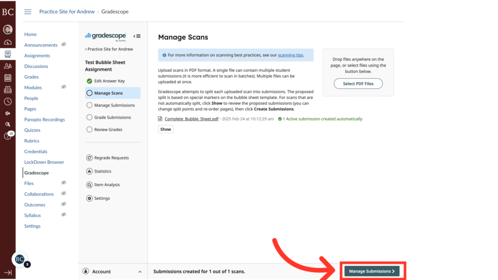 Screenshot of a GradeScope webpage showing the "Manage Scans" section, with an arrow pointing to the "Manage Submissions" button.