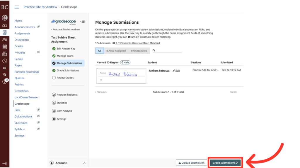 Screenshot of a Gradescope submission page displaying a list of student assignments, upload options, and a highlighted "Send Submissions" button.