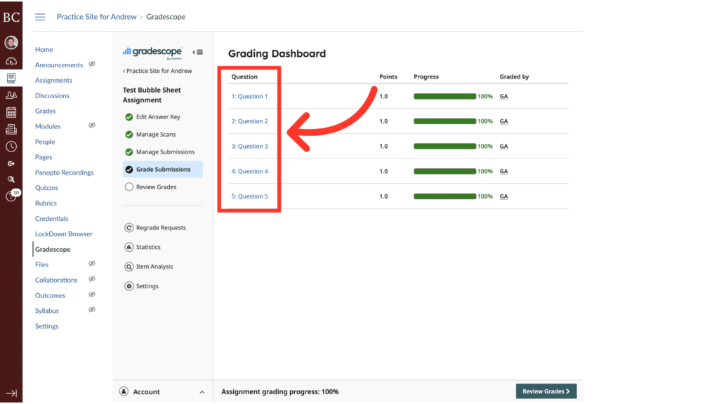 Online grading dashboard screenshot showing progress for various questions. Each question is graded with full marks. An arrow highlights the question list.