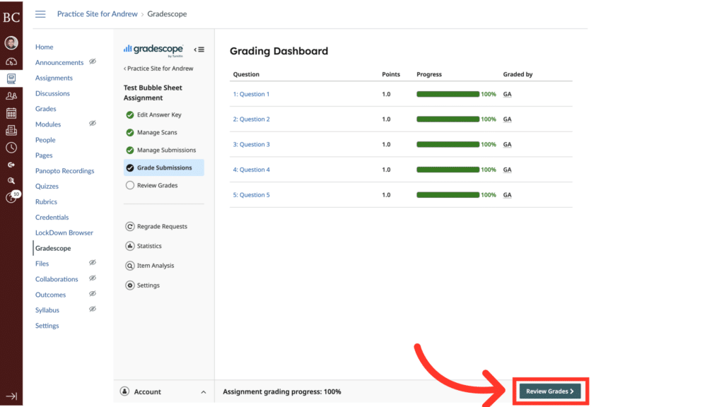 Screenshot of a Grading Dashboard on Gradescope, showing progress on questions with 100% grades. An arrow highlights the "Review Grades" button.