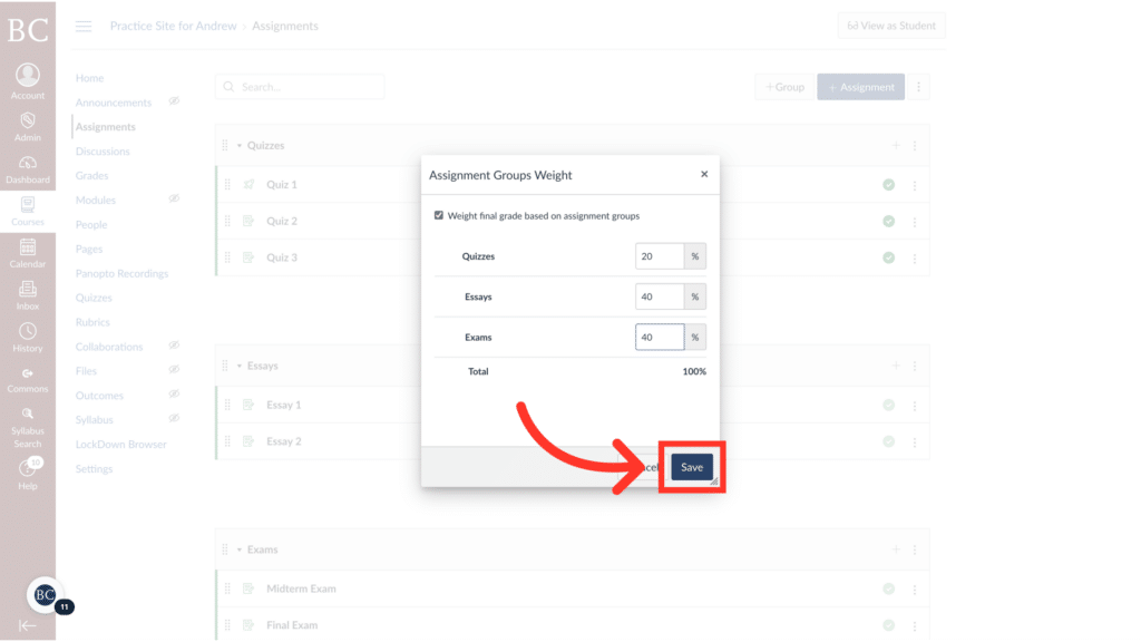 A computer screen displays an online assignment grading tool. An arrow points to a "Save" button, highlighting assignment group weight adjustments.