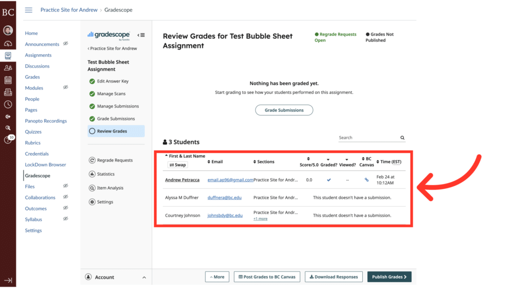 A digital platform interface showing grade review details for a test bubble sheet assignment, listing three students with associated emails and submission statuses.