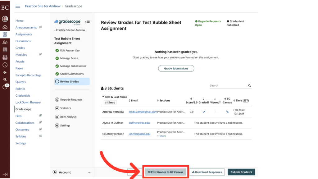 Screenshot of a GradeScope interface showing student grades for a test assignment. Includes options for grading submissions and posting grades.