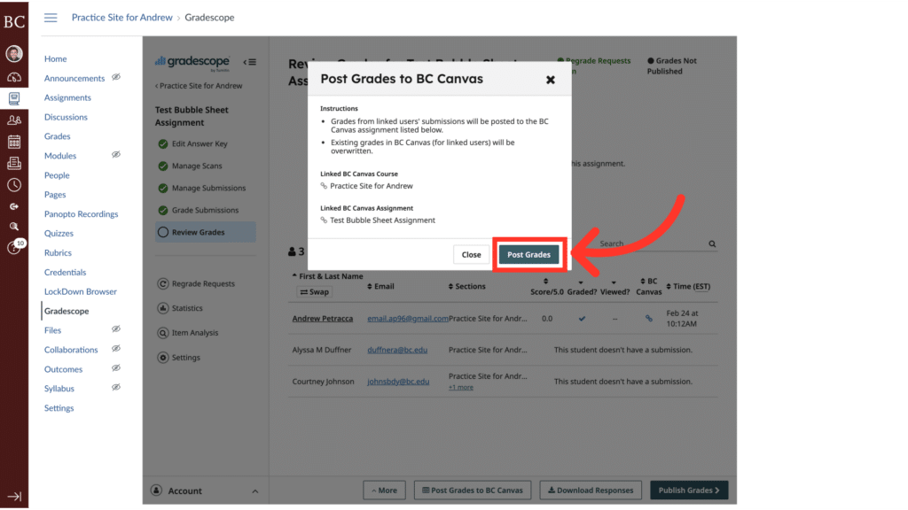 Screenshot of a GradeScope interface showing options for posting grades to BC Canvas. A red arrow points to the "Post Grades" button.