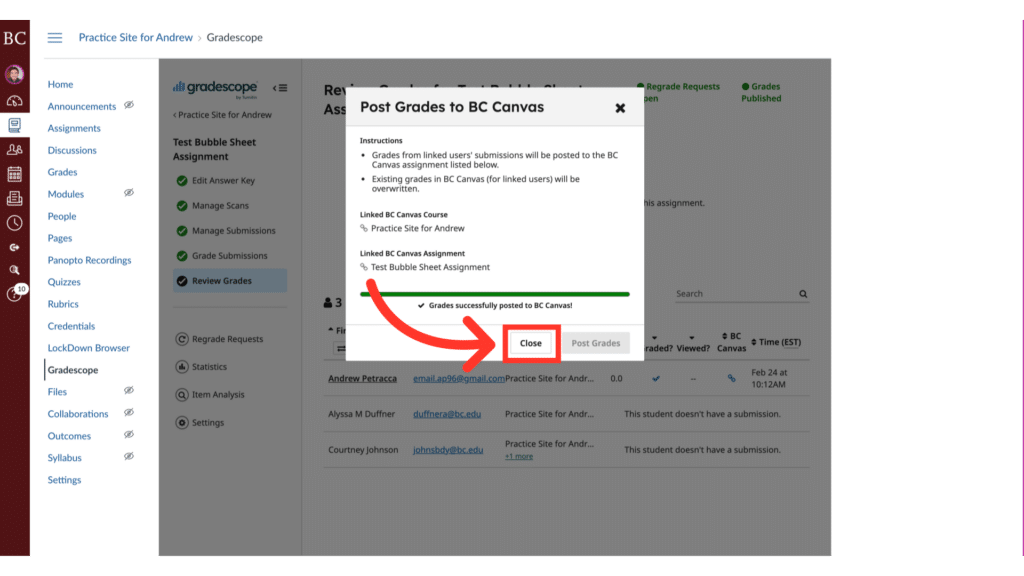 A computer screen shows a grading interface with instructions for posting grades to BC Canvas. A red arrow points to a “Close” button.