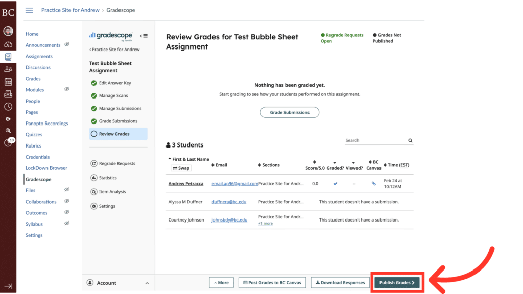 A screenshot of a GradeScope page showing grade review options for an assignment, with a red arrow pointing to "Publish Grades" button.