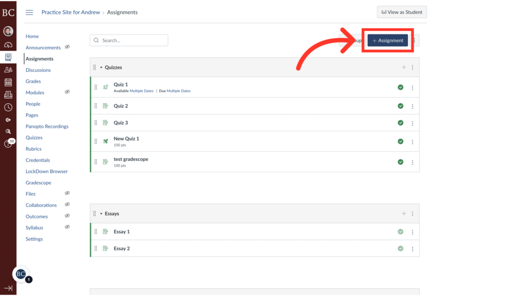 The image shows an online educational platform with sections for quizzes and exams. A red arrow points to a "+ Assignment" button.