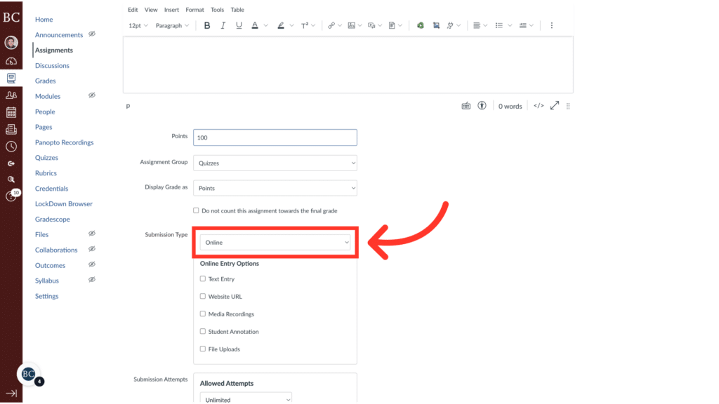 A computer screen displays an online assignment submission form with a red arrow pointing to "Online" under Submission Type options.