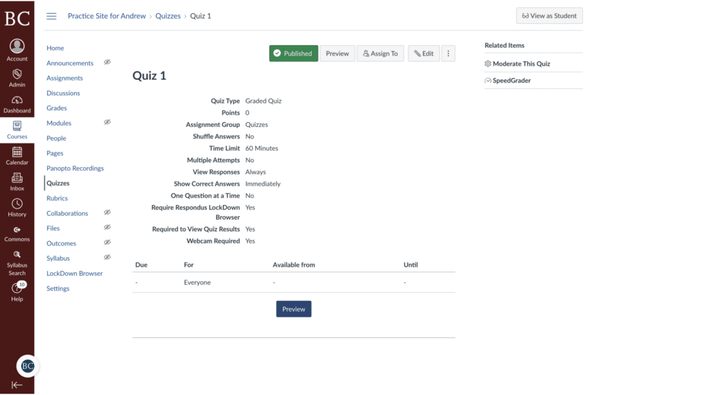 Screenshot of an online quiz interface showing quiz details, settings, and options for quiz management on a learning platform.