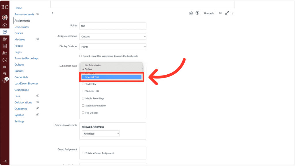 Screenshot of an online assignment submission interface showing various settings options. A red arrow highlights "External Tool" in a dropdown menu.