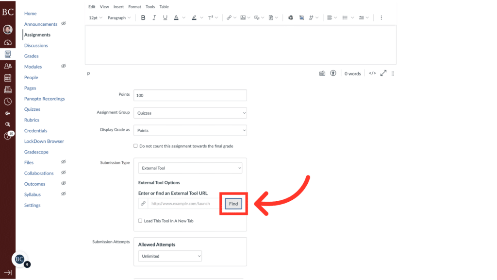 Screenshot of an online assignment submission form with an arrow pointing to the "Find" button, highlighting the External Tool Options section.