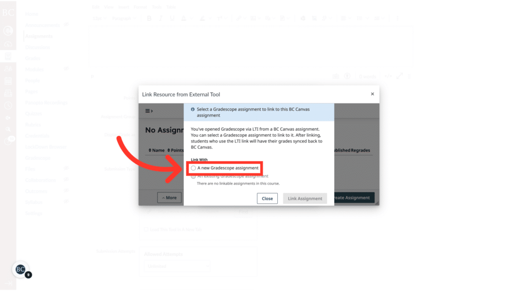 A computer screenshot with instructions for linking an assignment using an external tool in BC Canvas, highlighted with a red arrow.