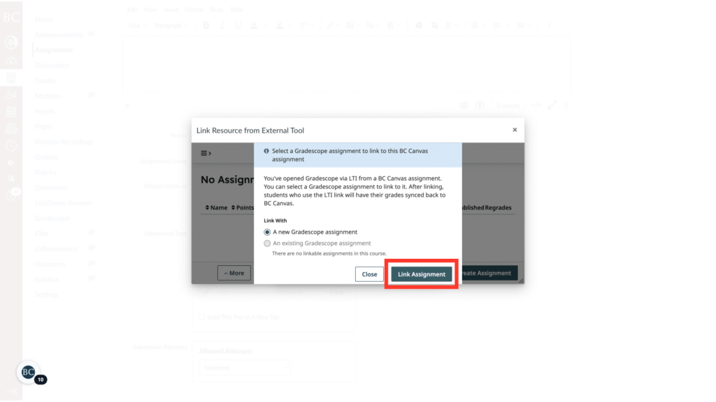 A screen displays a dialog box for linking an external assignment in Canvas, with options, and a highlighted "Link Assignment" button.