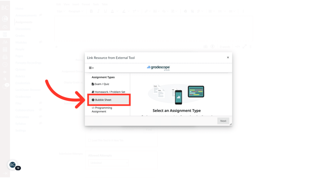 Screenshot of a Gradescope interface, highlighting the "Bubble Sheet" option under assignment types. Large red arrow emphasizes the selection.