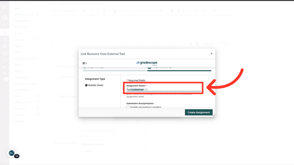 A digital form interface creating an assignment using Gradescope, showing an input field highlighted with a red arrow indicating where to enter assignment details.