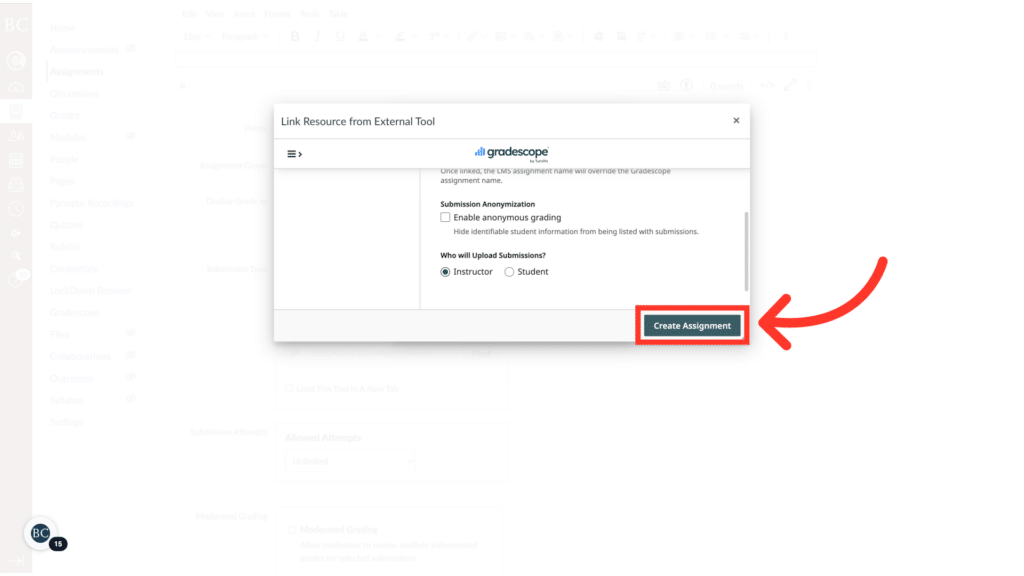 Screenshot of a computer screen showing the Gradescope interface. A red arrow points to a "Create Assignment" button on a dialog box.