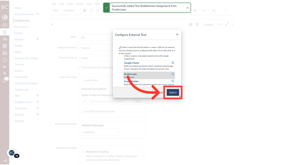 Screenshot of a software interface showing a configuration popup for adding an external tool with a red arrow pointing to a "Select" button.