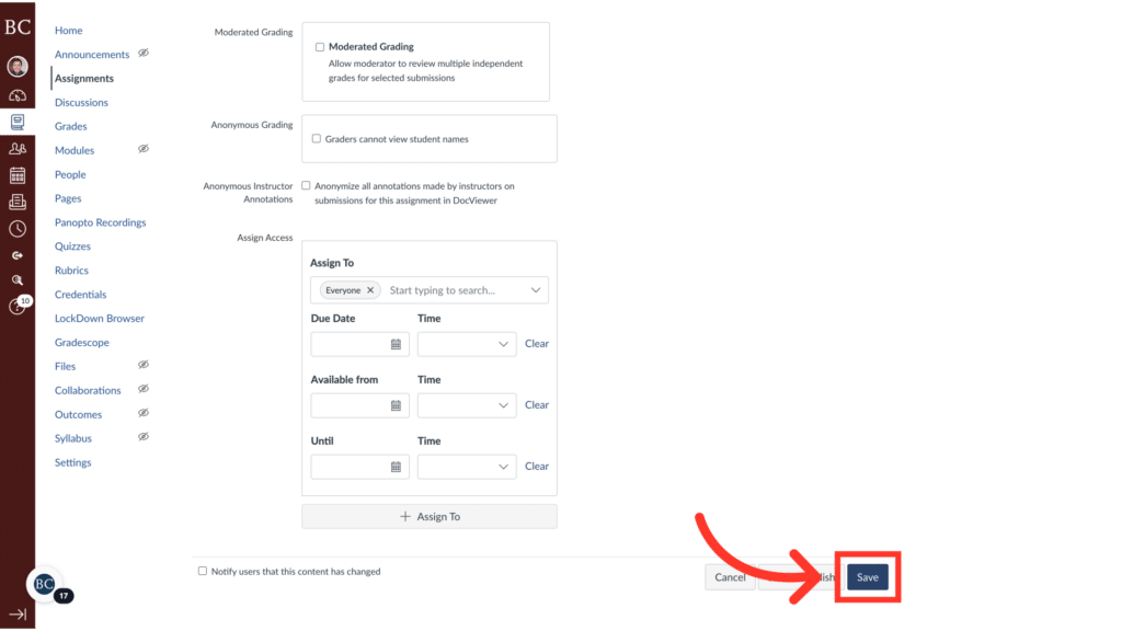 Screenshot of an online assignment submission page with various options for assigning, due dates, and availability. A red arrow points to the "Save" button.