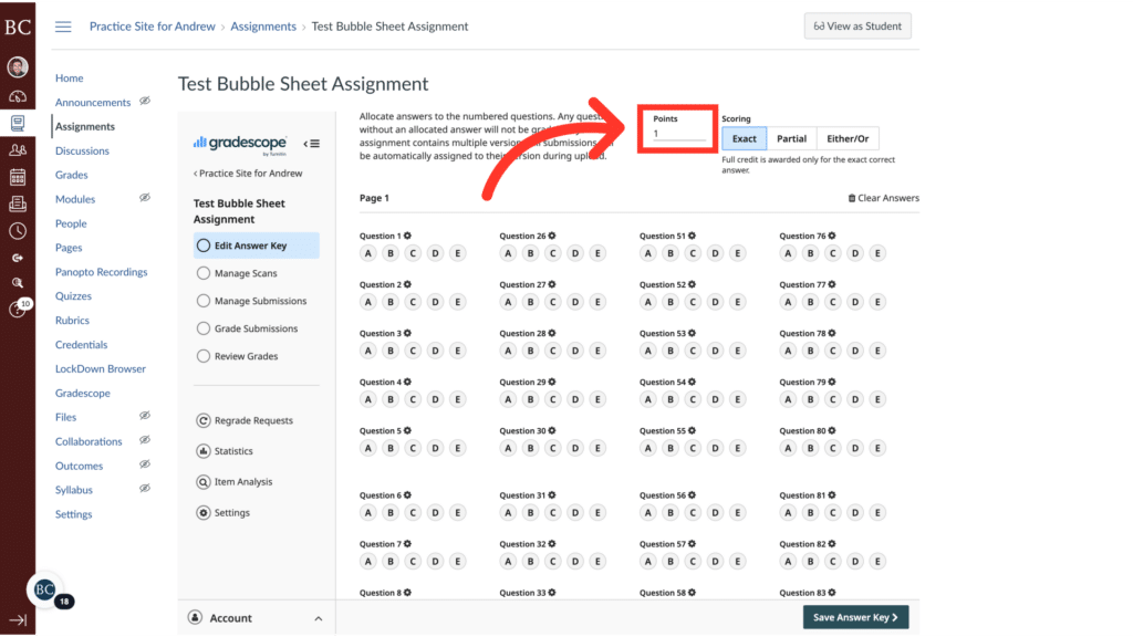 Screenshot of a test bubble sheet assignment interface displaying question numbers, multiple-choice options, and grading settings on a computer screen.