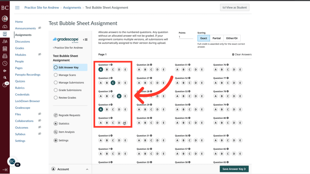 Screenshot of a Gradescope Test Bubble Sheet Assignment page with an answer key. A red arrow highlights selected answers for customization.