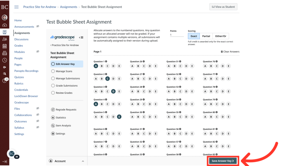 Online interface for creating a test bubble sheet assignment, showing multiple-choice questions and options, with "Save Answer Key" highlighted in red.
