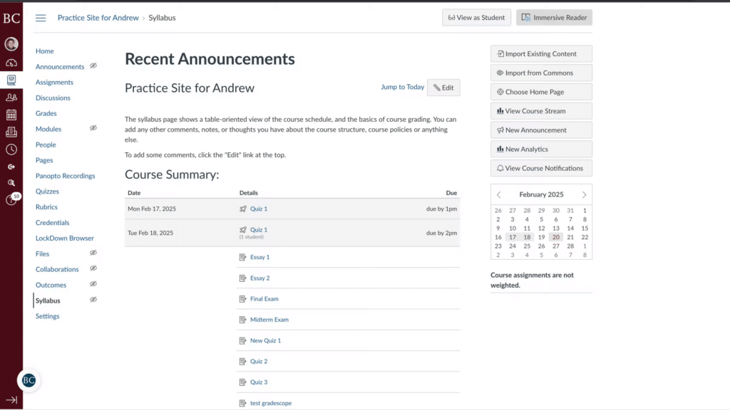 A screenshot of an academic course website showing recent announcements, course summary, and calendar from February 2015. No people or landmarks appear.