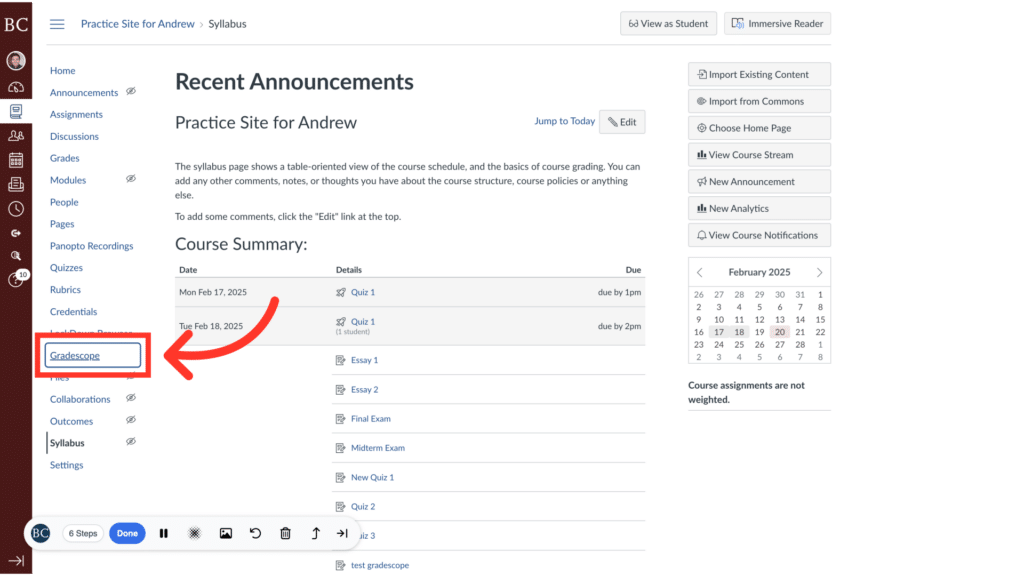 A course management dashboard with announcements and assignments. A sidebar featuring a highlighted "Gradescope" link is indicated with a red arrow.