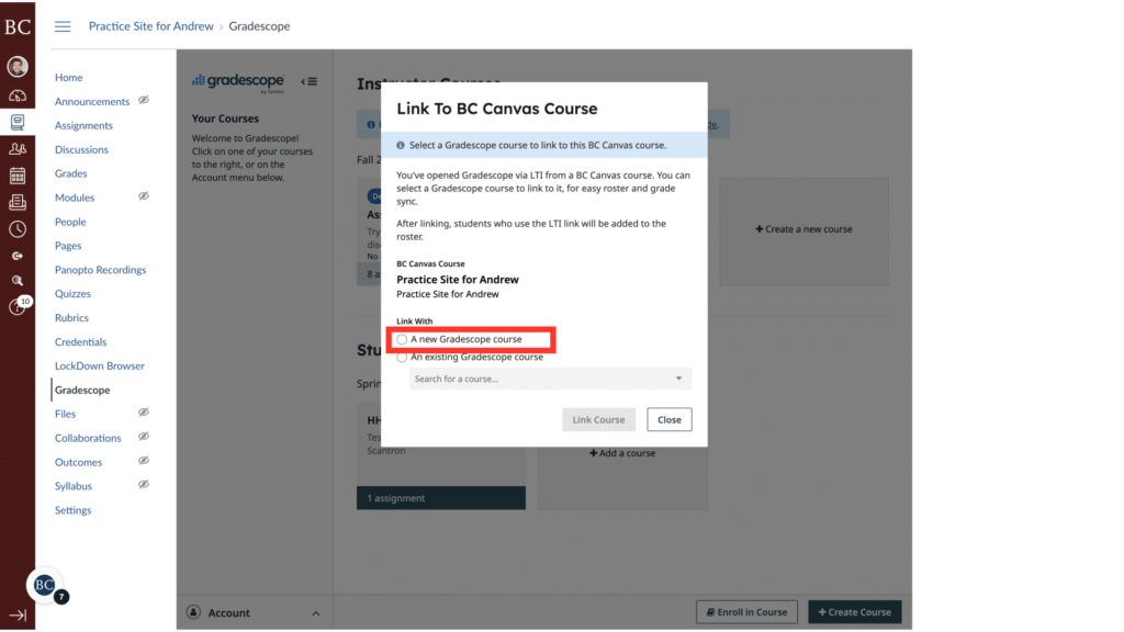 A computer screen displaying a Canvas interface for linking a Gradescope course, highlighting the option to create a new Gradescope course.