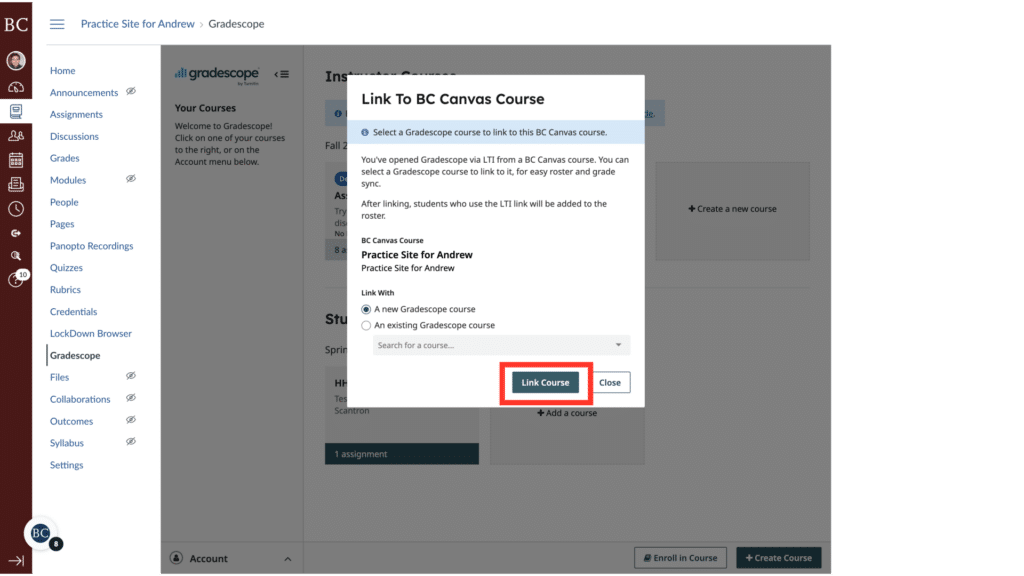 Screenshot of an online educational platform interface showing a window to link a course to GradeScope. "Link Course" button highlighted in red.