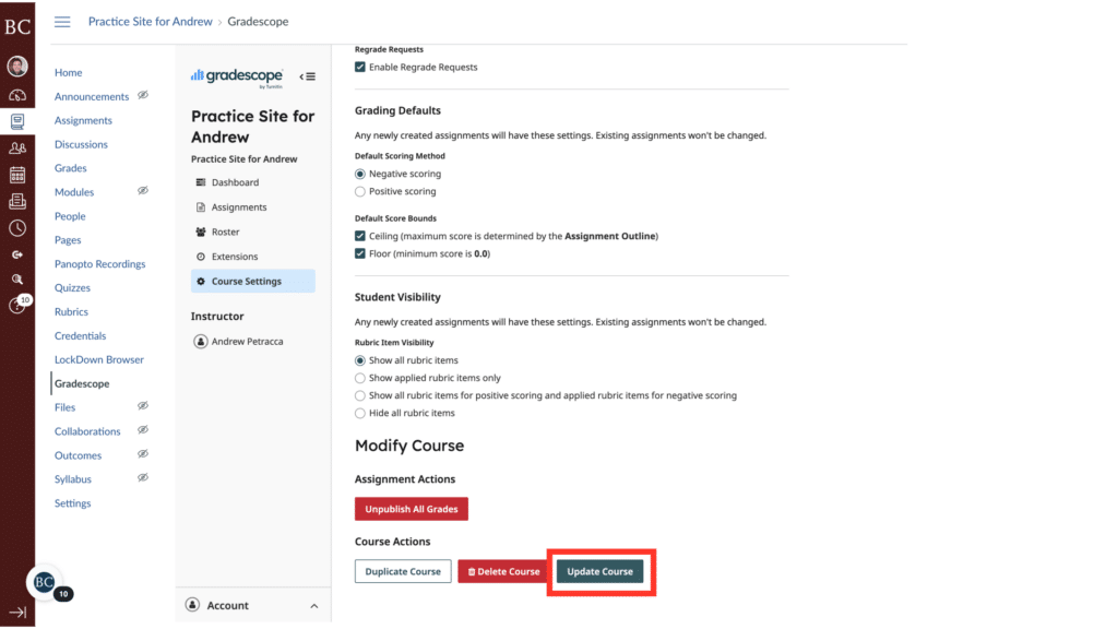 Screenshot showing Gradescope course settings page with options for grading defaults, student visibility, and course actions like duplicating or updating the course.