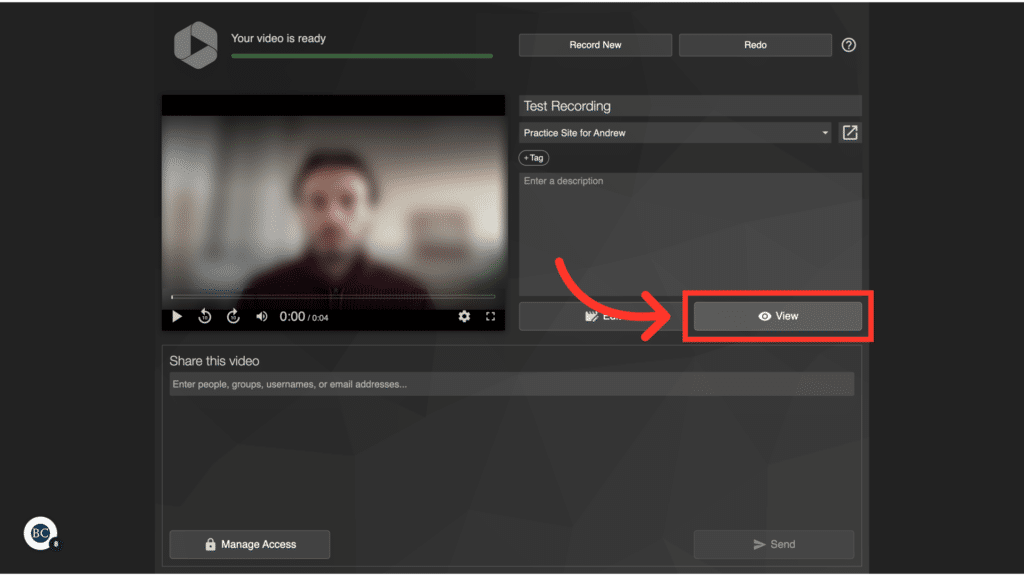 Blurred video recording interface showing a person. Includes options for recording, sharing, and viewing. A red arrow highlights the "View" button.