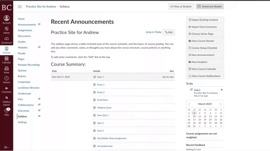 Screenshot of an educational platform displaying course announcements, assignments, and calendar for student organization.