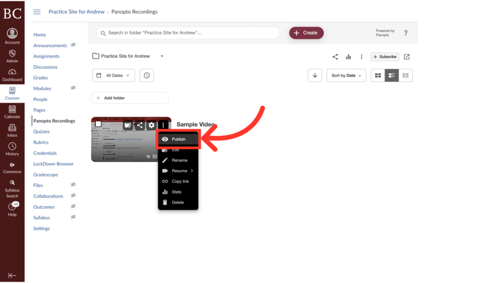 Screenshot of a learning management system interface, showing a Panopto Recordings section. An arrow points to a "Publish" option for a video.
