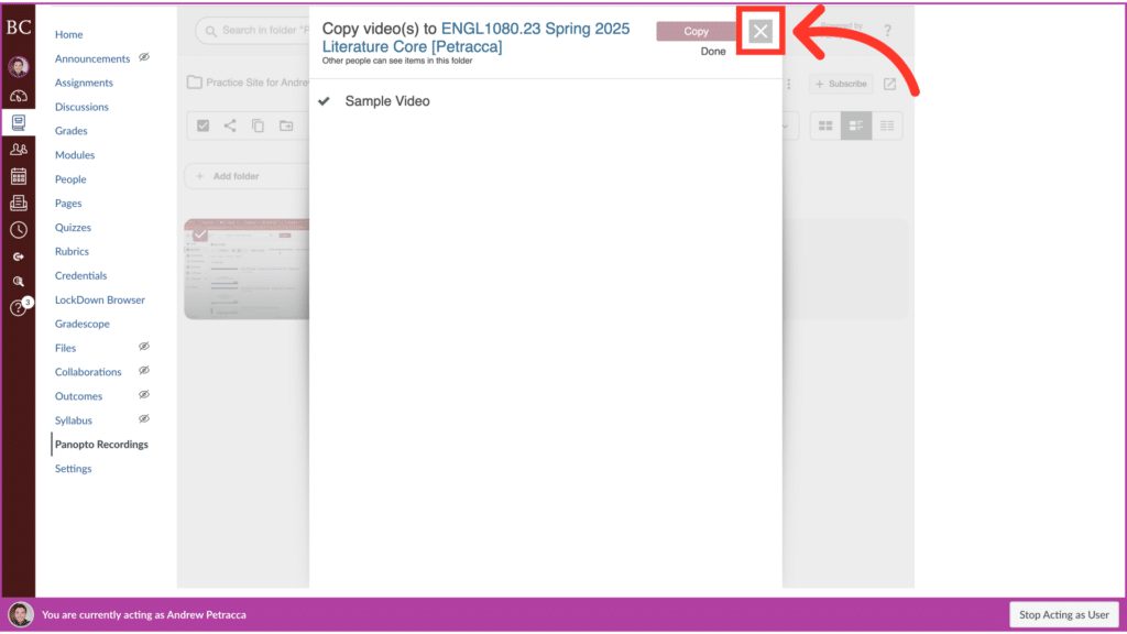 A computer interface displays a webpage for copying videos to a course titled "Literature Core." Icons and text are visible.