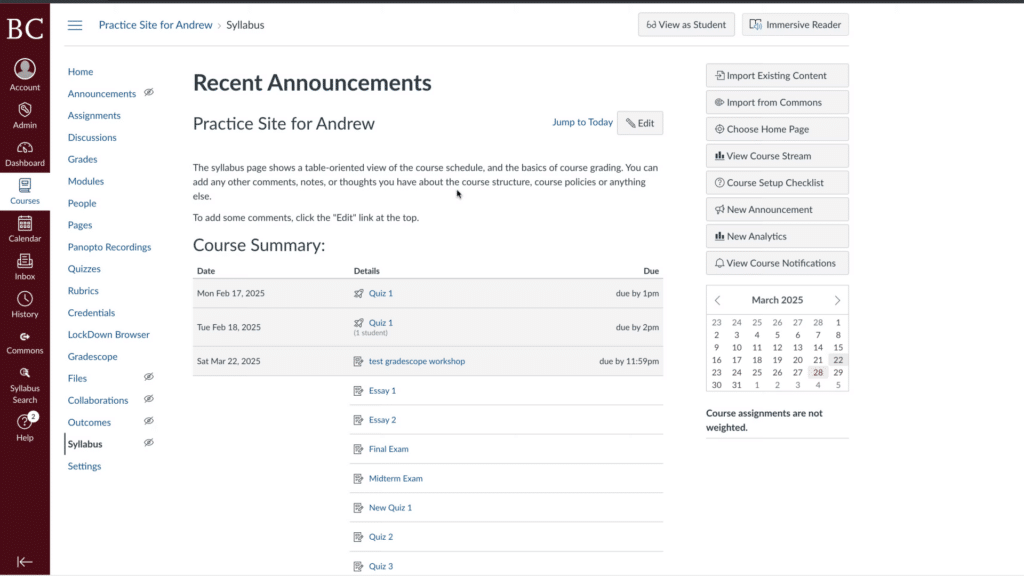 Screenshot of an educational platform interface displaying announcements, a course summary with upcoming quizzes and exams, and user navigation options on the side.