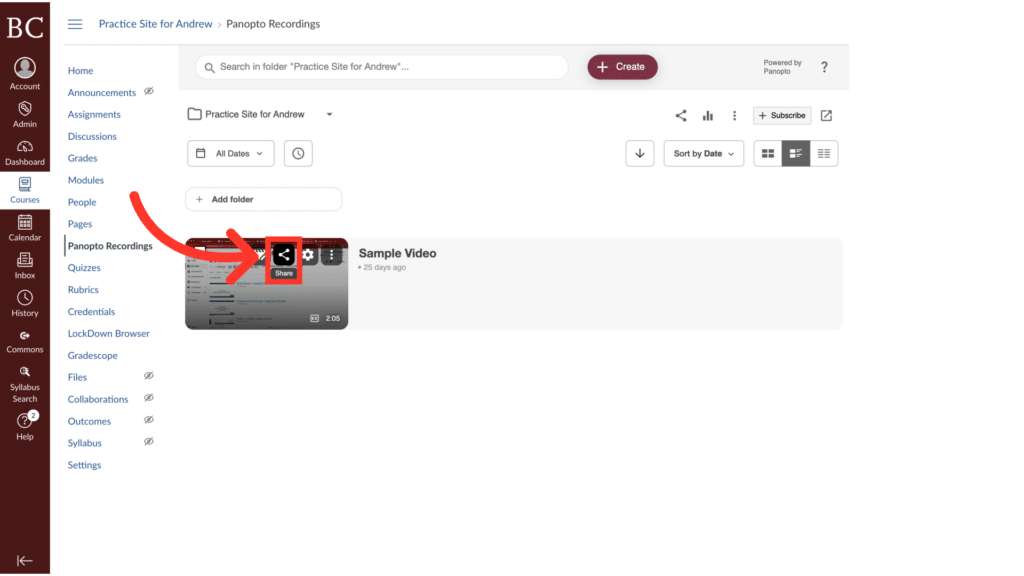 Screenshot of an online learning platform interface, showing navigation menu, a video titled "Sample Video," and some interactive options highlighted with a red arrow.