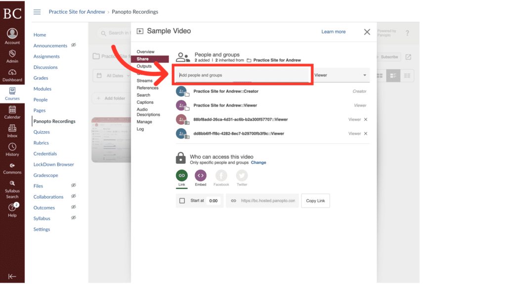 A software interface displays video sharing options, with a red arrow highlighting "Add people and groups." Various settings and links are visible.