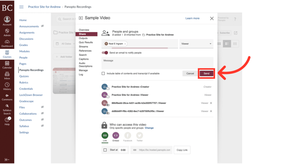 Screenshot of a video sharing interface, highlighting the "Send" button. Displays settings for sharing with specific groups and viewing permissions options.