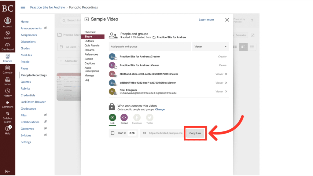 Screenshot of a video sharing interface showing a list of users, sharing options, and a highlighted "Copy Link" button.