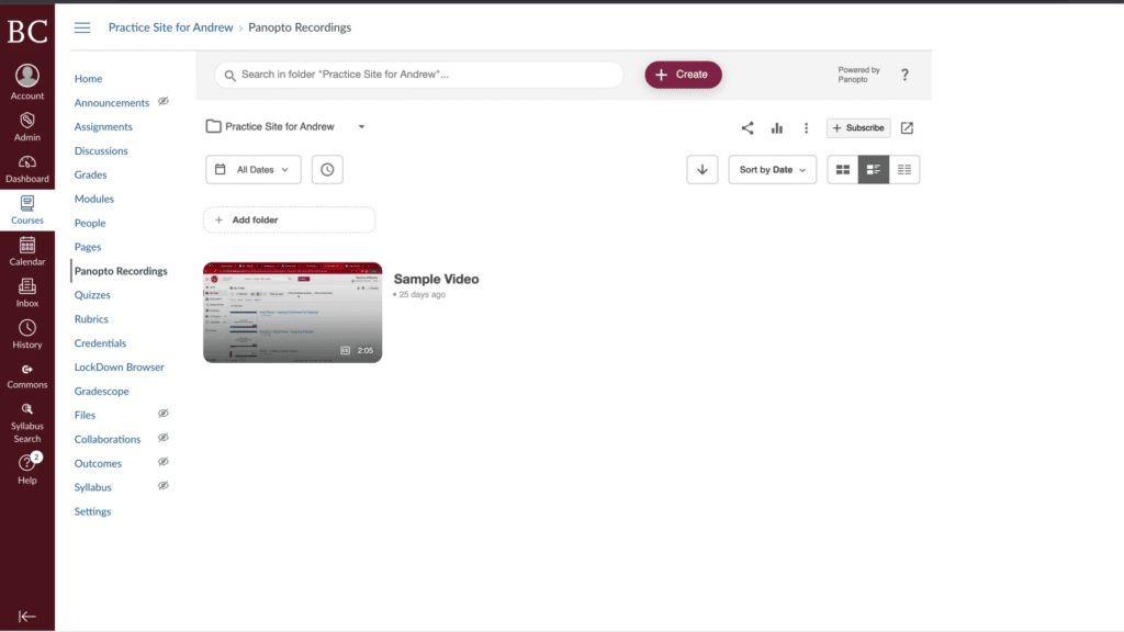 A computer screen displaying an educational platform interface with navigation sidebar, video sample thumbnail, and options for folder organization and video playback.