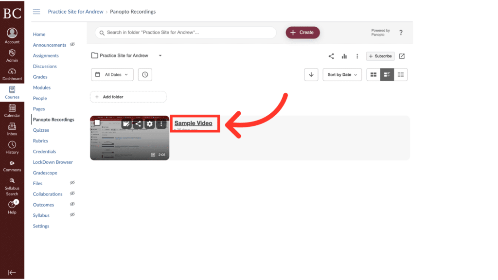 A computer screen displaying an online course interface with a highlighted "Sample Video" thumbnail and an arrow pointing to it.