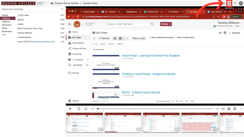 A browser window displays a folder with educational video titles, including course reviews and assignment guides, on a Boston College site.