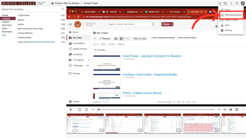 A digital interface displaying a video platform with Boston College branding. Multiple tutorial video thumbnails are visible, with an arrow pointing to "Download podcast."