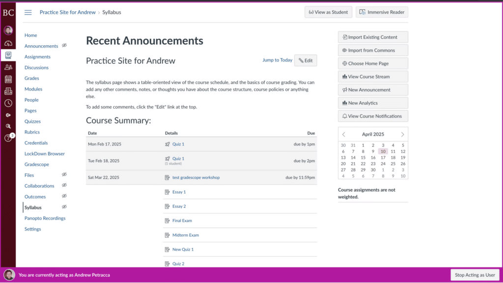 A screenshot of an educational platform showing recent announcements, course summaries, navigation bar, calendar, and user interface in April 2023.