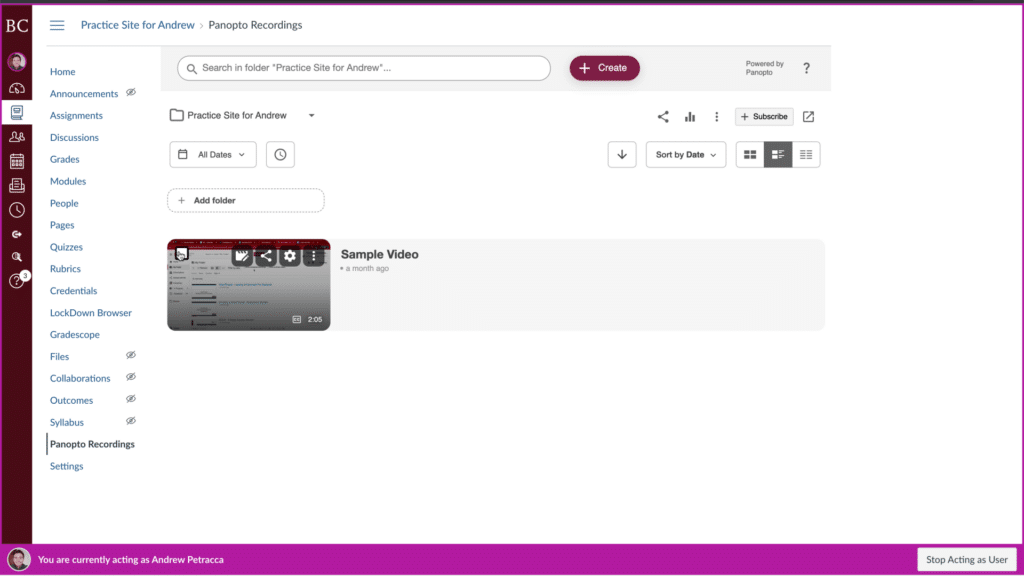 Screenshot of an online learning platform interface displaying a sample video in the Panopto Recordings section with navigation menu and options.