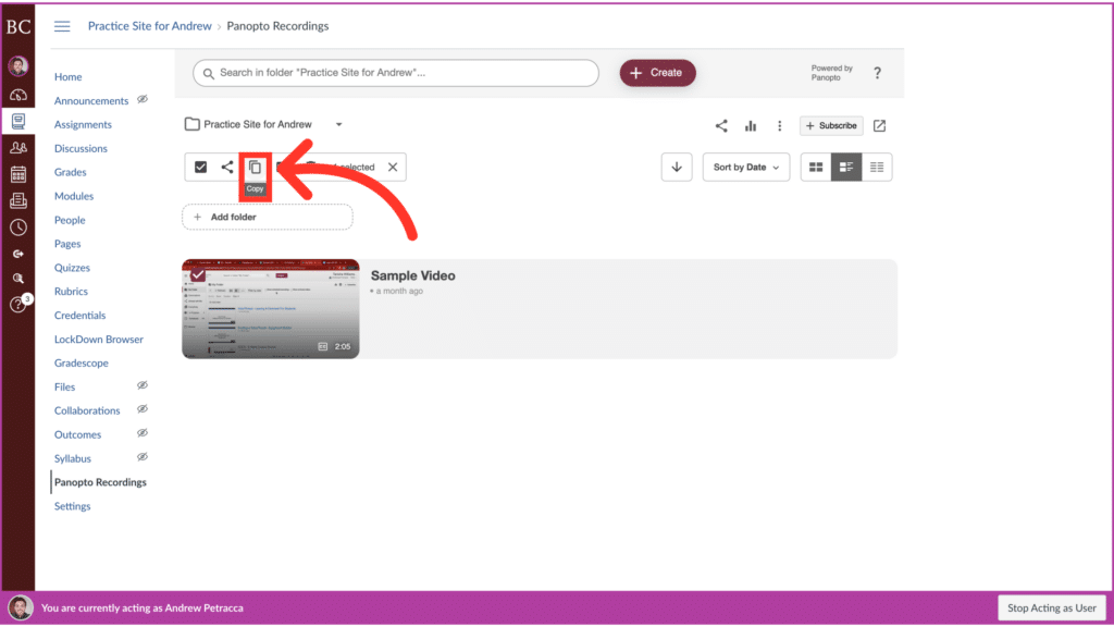 Screenshot of a learning management system interface, displaying menu options and a sample video thumbnail. A red arrow points to a recording tab.