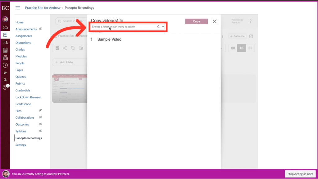 Screenshot of an online platform interface showing a pop-up window for selecting a folder. Arrow points to the dropdown menu.