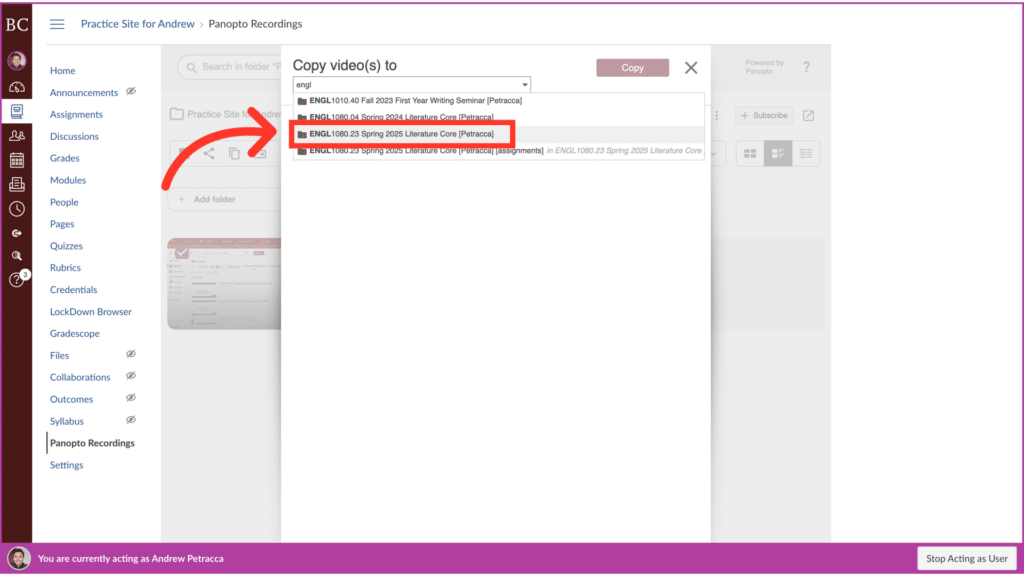 A screenshot showing a course management software interface, highlighting a video-copying feature. Various menu options are visible on the left sidebar.