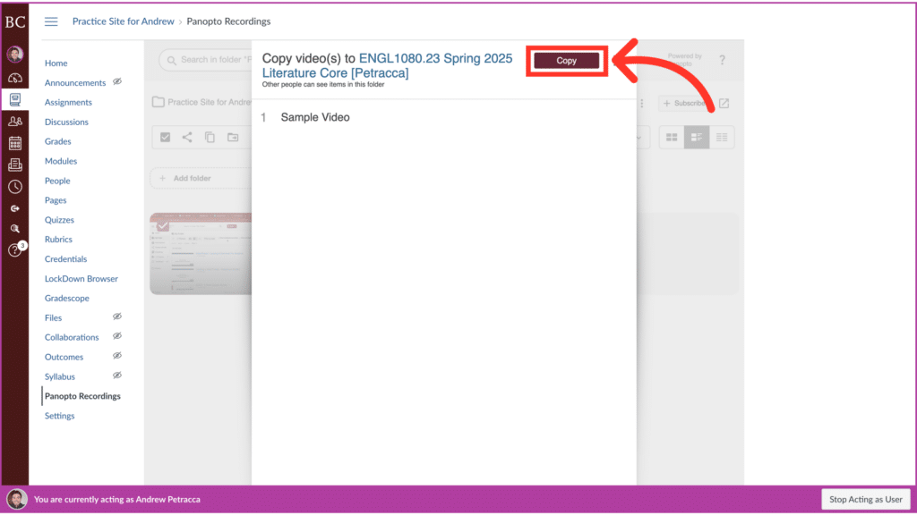 A computer screen displays an online educational platform, showing video copying instructions for a specific course, with a red arrow pointing to the "Copy" button.